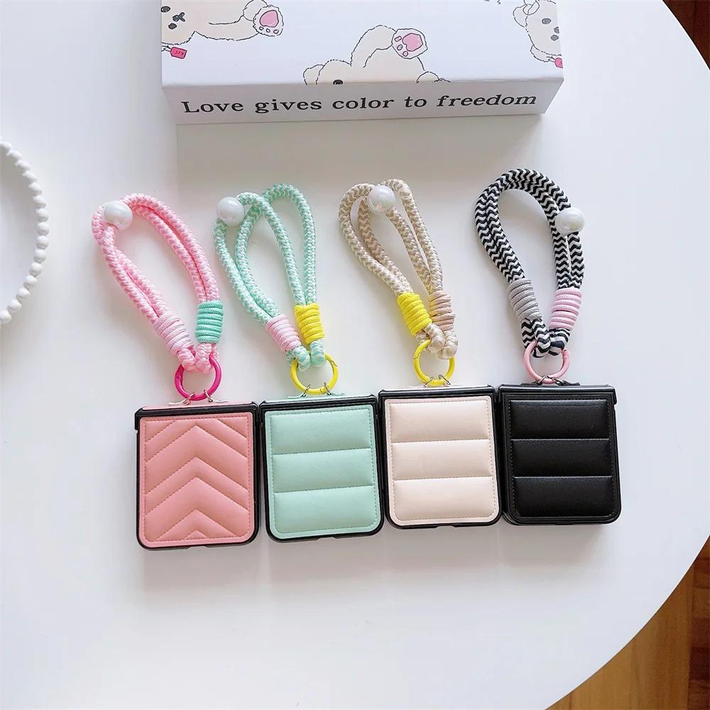 Down Jacket Style PU Leather Cover with Wrist Strap Bracelet For Samsung Galaxy Z Flip 6 5 4 3 Hard Hinge Protective Phone Case