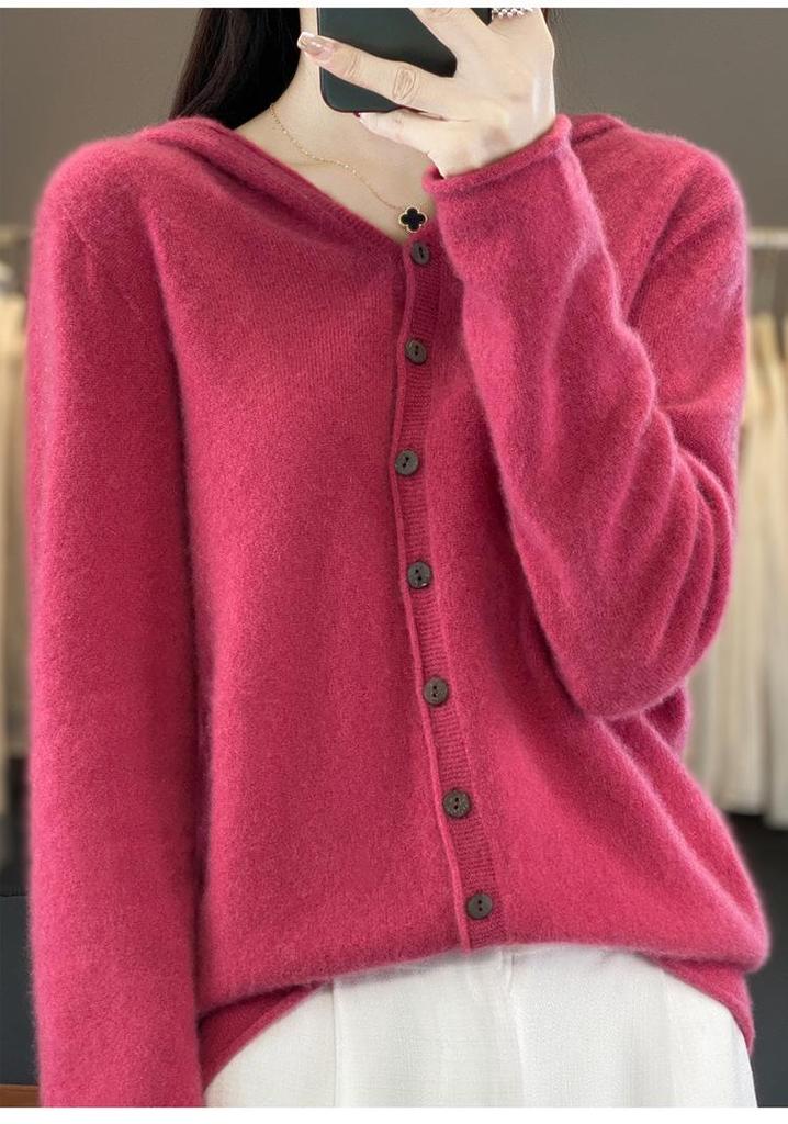 Women's 100% Wool Hooded Cardigan - Versatile Autumn/Winter Pure Color Knit Jacket