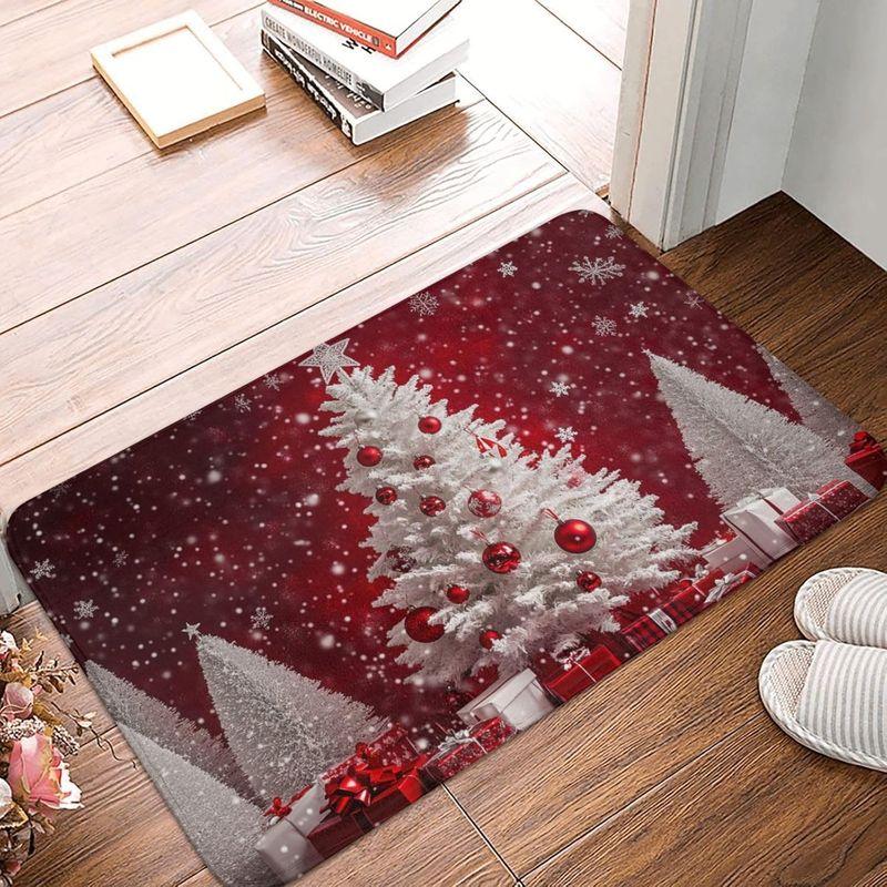 Christmas Entry Mat Burgundy Golden Light Snowflake Bokeh Print Durable Rug For Front Door Hallway Bedroom Home Decor