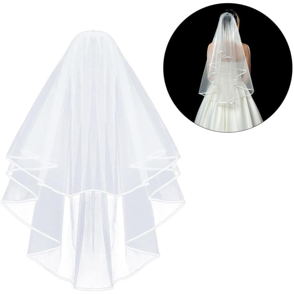 Wedding Veil,2/3 Tier Ribbon Edge Center Cascade Bridal Veil with Comb for Bachelorette Party