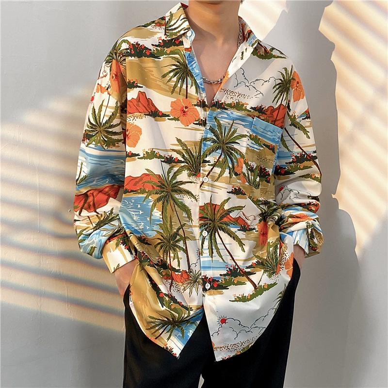 Unisex Thai Vintage Floral Long-Sleeve Shirt, Loose Fit for Street Dance, Spring/Autumn