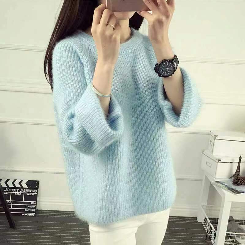 Höst- och vintertröja enfärgad rund hals pullover lös koreansk version stickad tröja dam ytterkläder