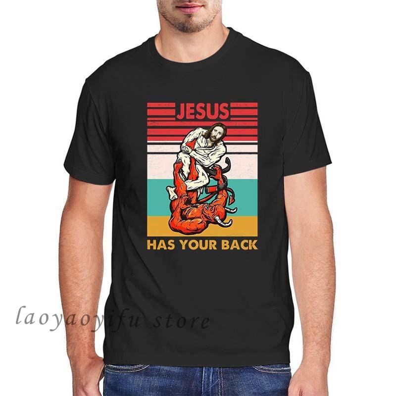 Men Clothing Jesus Has Your Back Jiu Jitsu Vintage Christian Short-sleev Tops Male Kawaii Clothing Oversized T Shirt Ropa Hombre