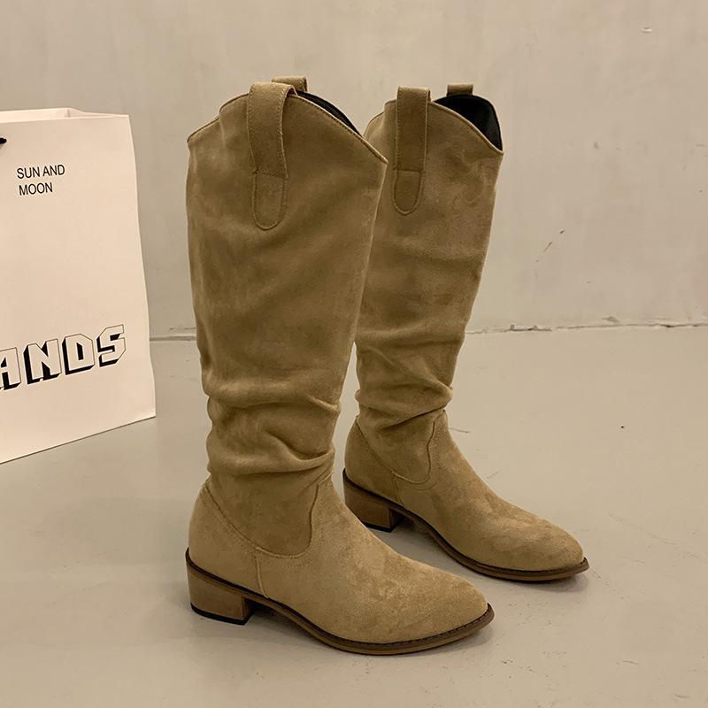 

Brown V-mouth boots women s 2025 spring new thick heel suede tall knight boots popular western pile boots 35 абрикосовый