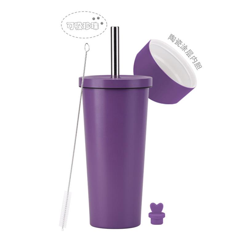 2025 Stainless Steel Straw Cup Ceramic Liner Bubble Tea Cup Vacuum Double-Layer Straw Thermos Cup