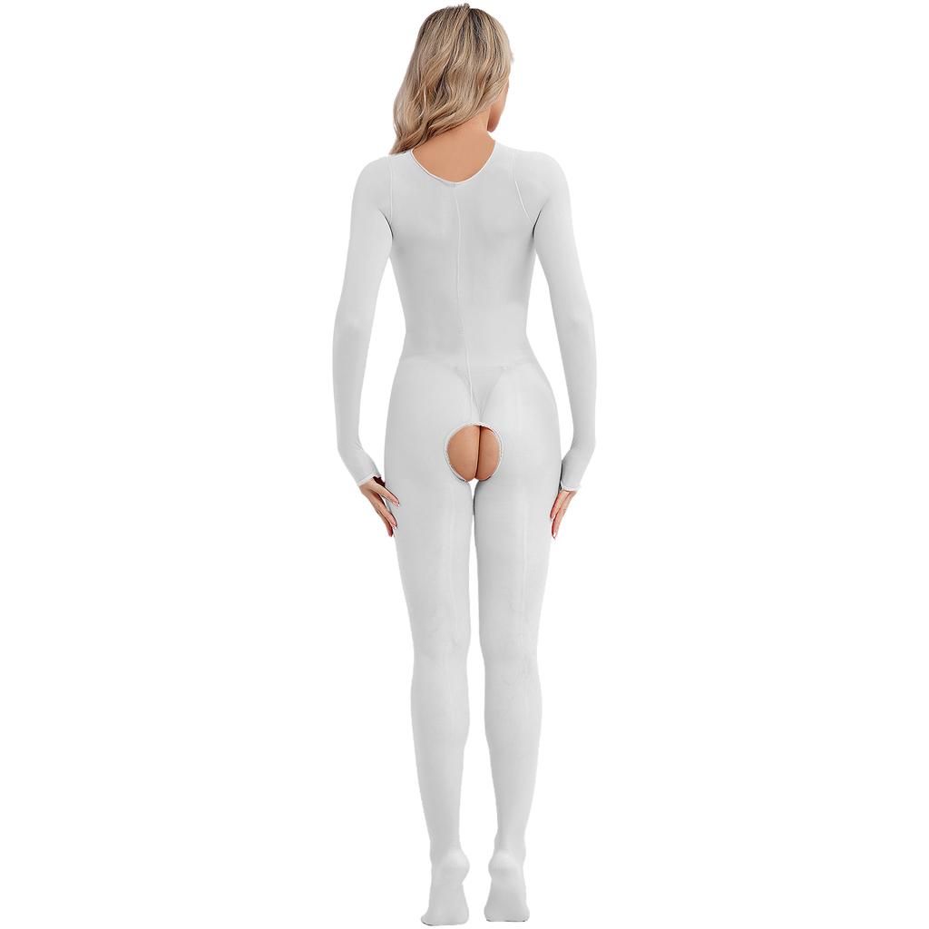 Damska błyszcząca prześwitująca body-pończocha z długim rękawem, otwarta w kroku i na biuście