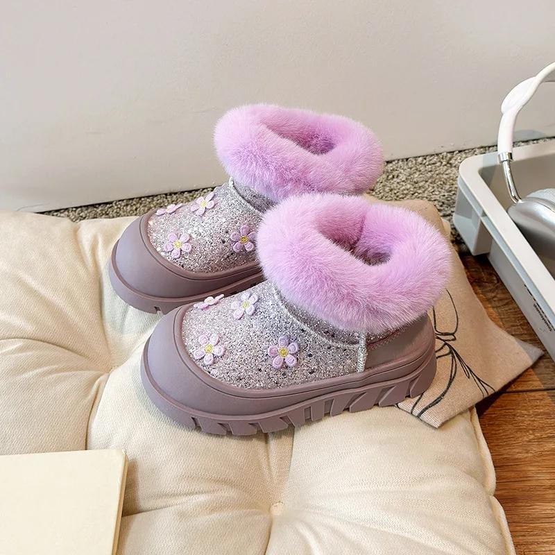 Botas de Princesa para Niñas con Pelo Botas de Nieve Dulces para Niños Puntera Redonda Antideslizantes Invierno 2024 Nueva Moda Botines Cortos para Niños con Flores