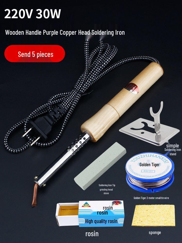 High-Power Electric Soldering Iron Set with Wood Handle - Purple Copper Bent Flat Tip for Household Electronics Repair.