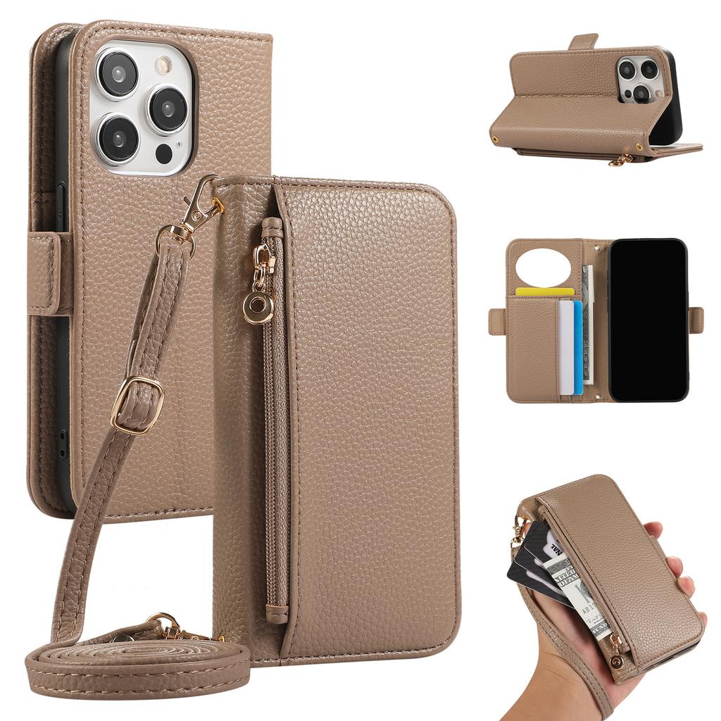 Wallet Case for Apple iPhone 17 ProMax- Zipper Crossbody Adjustable Lanyard Mirror Flip Shockproof Full Cover on iPhone 17/16/15/14/13/12/11/Plus/Pro