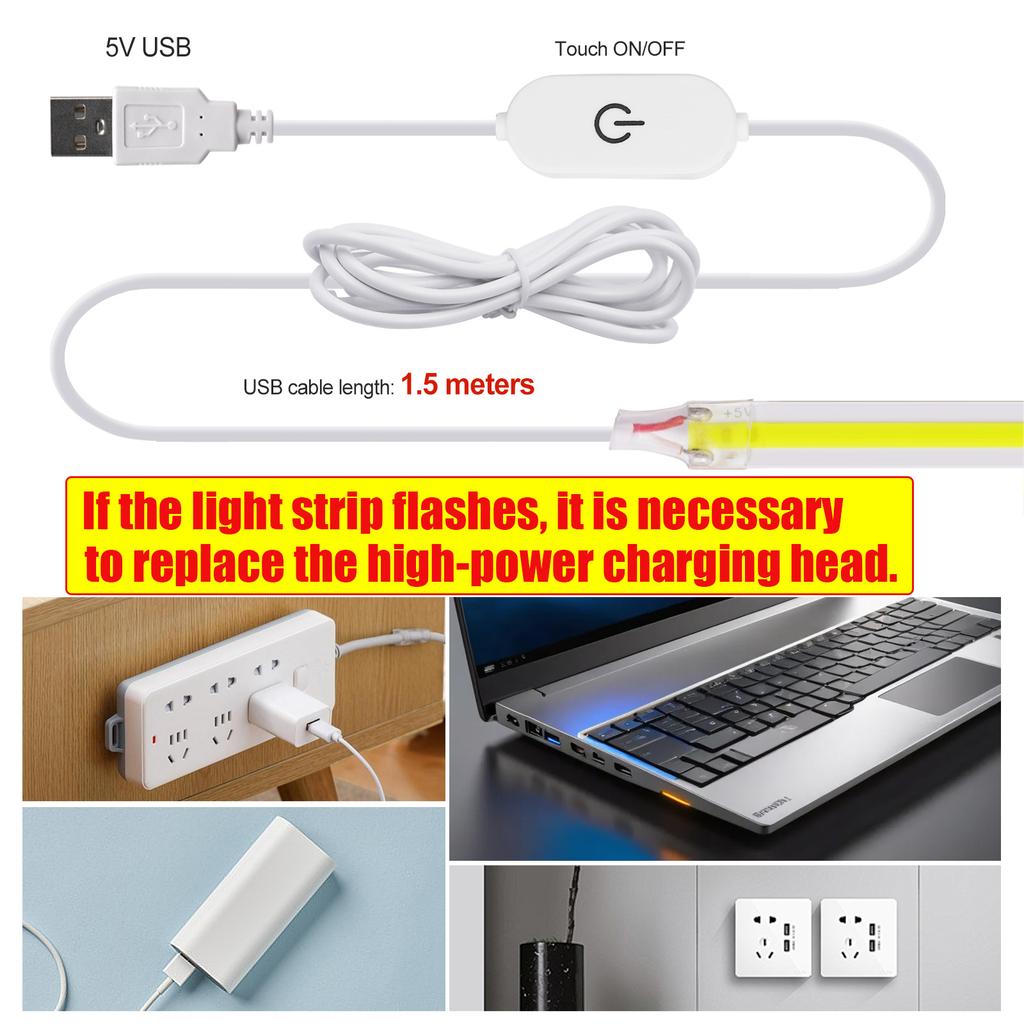 5V USB ON/OFF/Touch Dimmerable COB Strip 320Leds White 3000K 4000K 6000K Home Decor Cabinet Lamp Flexible Ribbon Rope LED Light