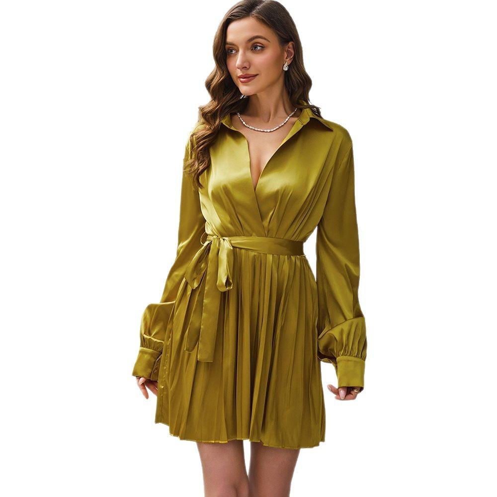 Spring and summer European and American long-sleeved Polo collar high waist lace-up fashion casual pleated women's dress women