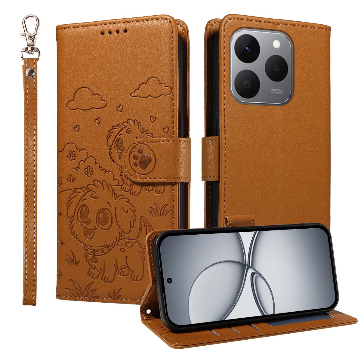 

For Realme 15T 5G Case RFID Blocking Imprinted Dog Pattern PU Leather Phone Cover with Wrist Strap