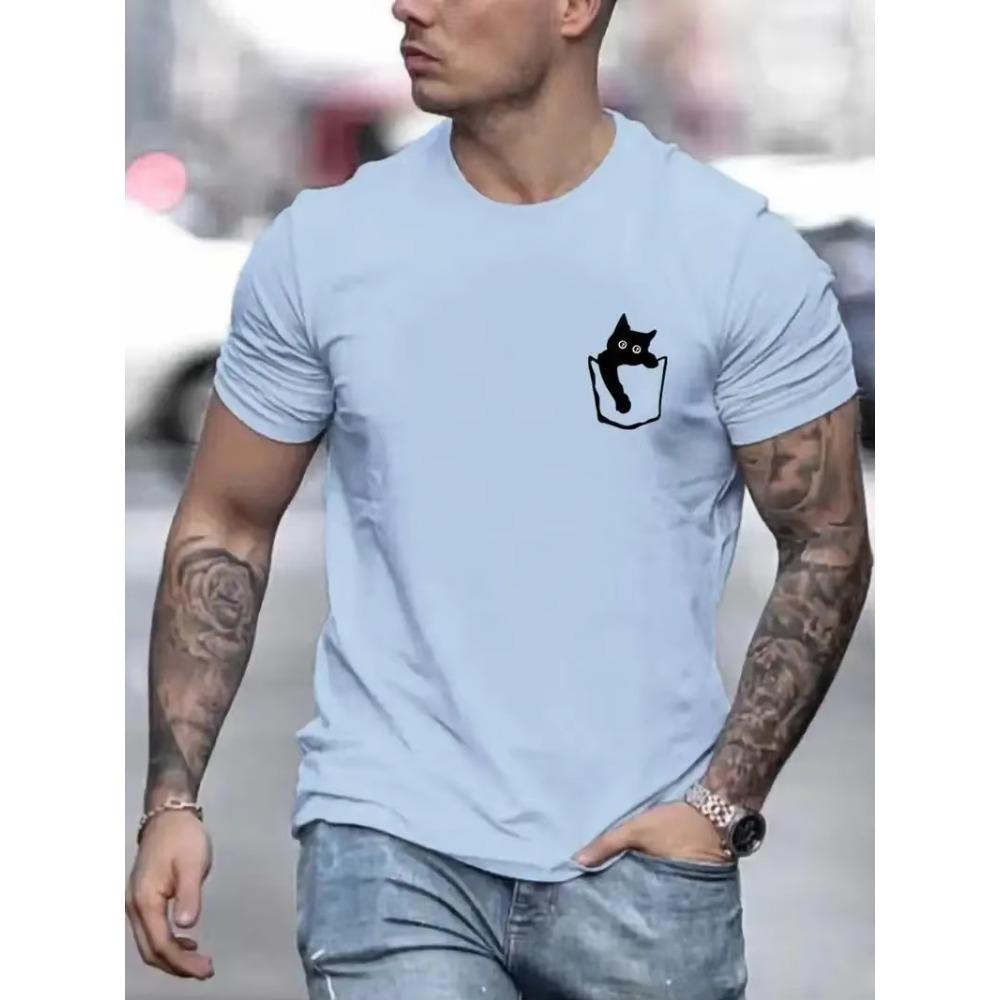 Kitty In The Pocket Pattern Printed Men's Micro Stretch Cotton T-Shirt, Graphic T-Shirt Men's Summer Clothing, Men's Clothing