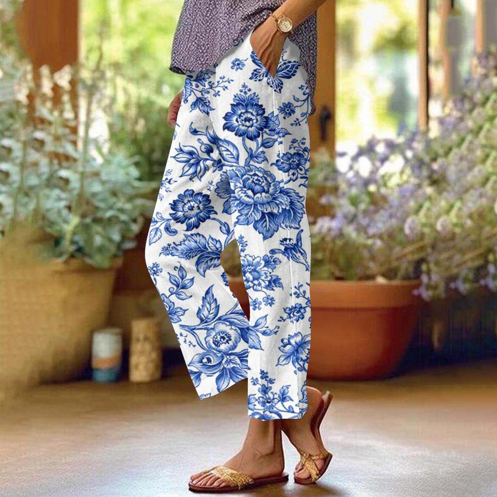Damen Casual Mode Bedruckte Hose mit geradem Bein Hose mit Taschen
