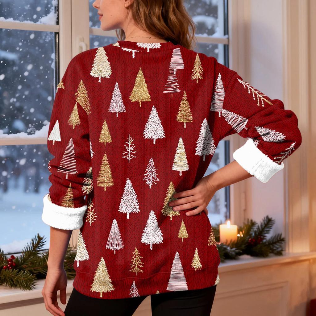 Women's Fashion Casual Long Sleeve Christmas Printed Round Neck Top Sweatshirt