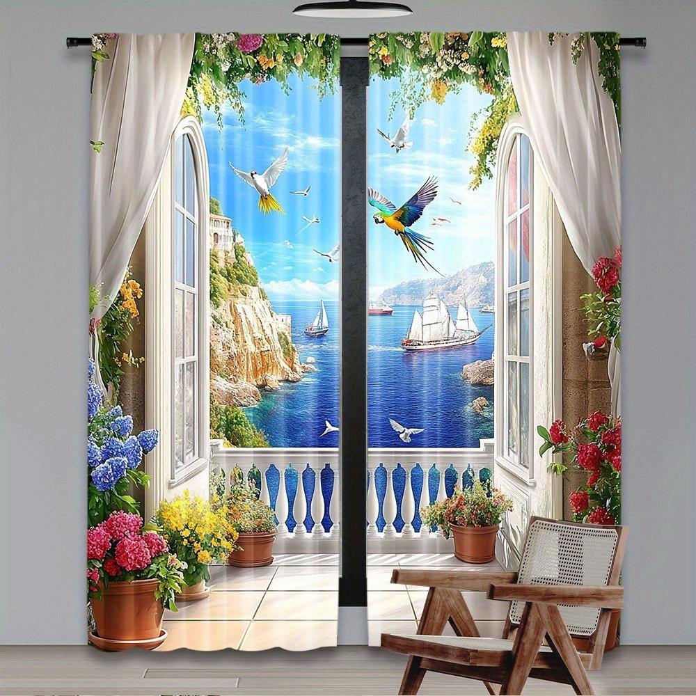 2Pcs Polyester Colorful Natural Scenery Printing Window Curtains Birthday Party Decoration Backdrop Drapes for Living Room