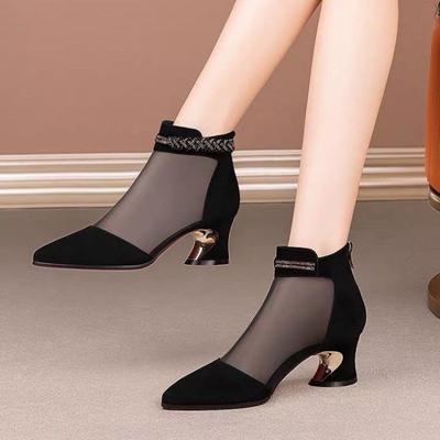 New Mesh Boots Women's Thick Heel Sandals Women's Hollowed Out Sandals Mesh Middle Heel, Fashionable Mesh Boots Women's Shoes