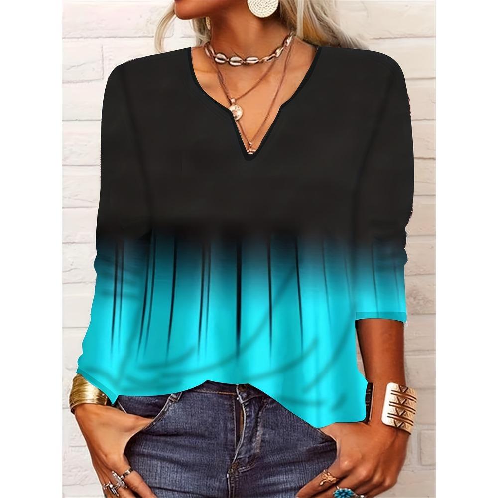 GMXIA Autumn Loose Long Sleeve Flower Bold V-neck T-shirt Base for Women