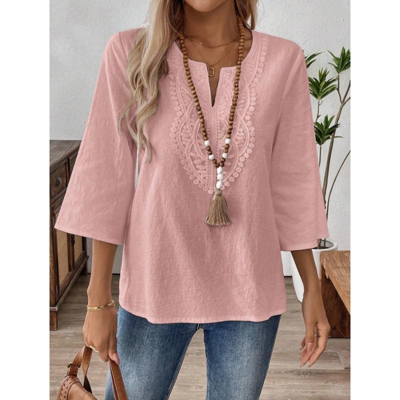BITCED Women's Fashion Casual Solid Color Print O-Neck Blouses & Shirts