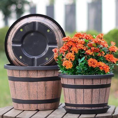 Blumentopf Rustikaler Fassstil Pflanzgefäße mit integrierten Drainagelöchern 8" Braune Kunststoff-inspirierte Oberfläche Extra-Großer, Dicker Pflanzkübel für Terrassen-Garten