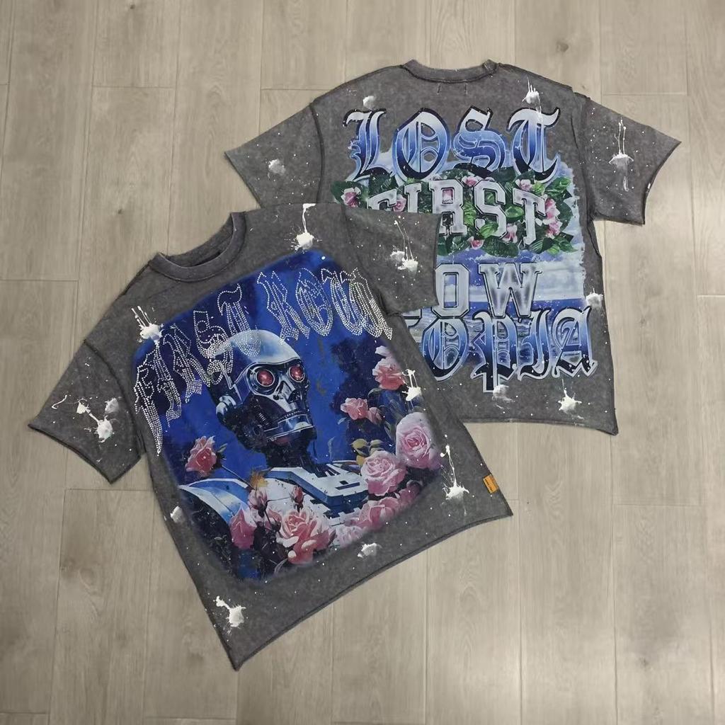 VibeStreet Streetwear Vintage Lavé Diamant Crop Top pour Homme Col Rond Manches Courtes Coupe Ample Coton Strass T-shirts Oversize