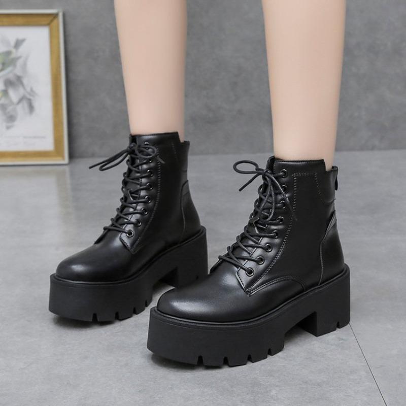 

Leather faced women s boots new thick soled leather boots Korean version mid top lace up soft soled leather boots for women 35 чорний