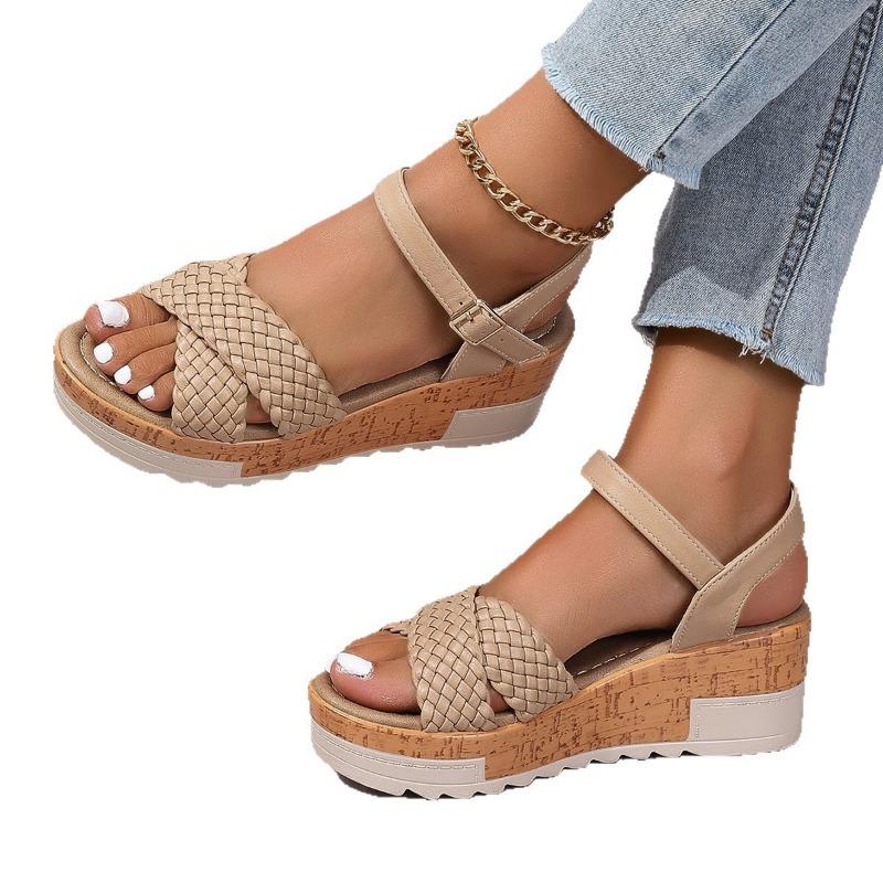 Large Size One-word with Wedge Heel Sandals Women's Buckle Thick-soled Woven Belt Light Beach Cool Slippers