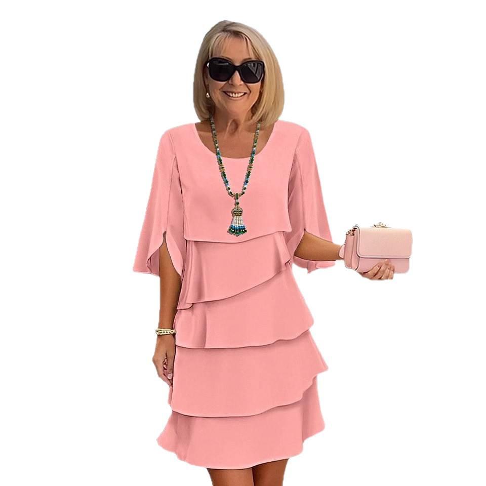 Nowa Moda Wiosna i Lato Jednolity Kolor Okrągły Dekolt Sukienka Tortowa Kratkowana Sukienka Odzież Damska