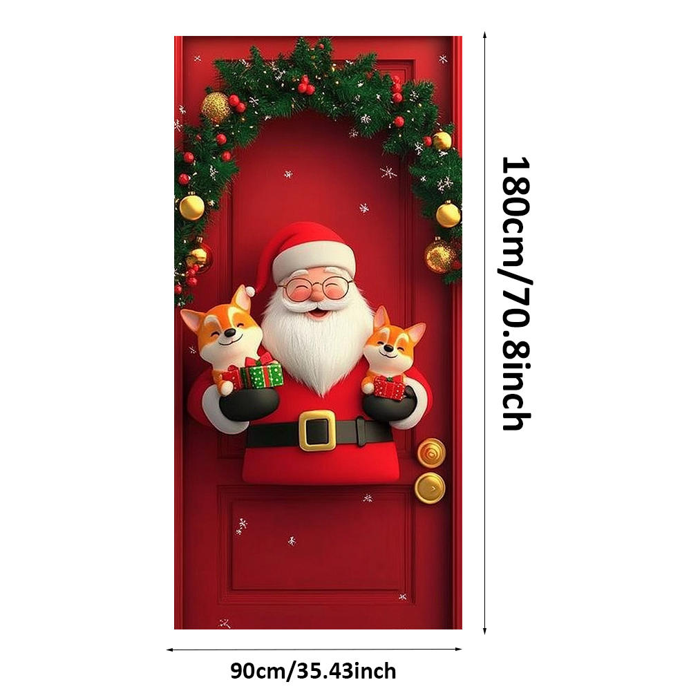 Santa Claus Open The Door Banner Door Cover Decoration Polyester Merry Christmas Winter New Year Holiday Photo Booth Navidad