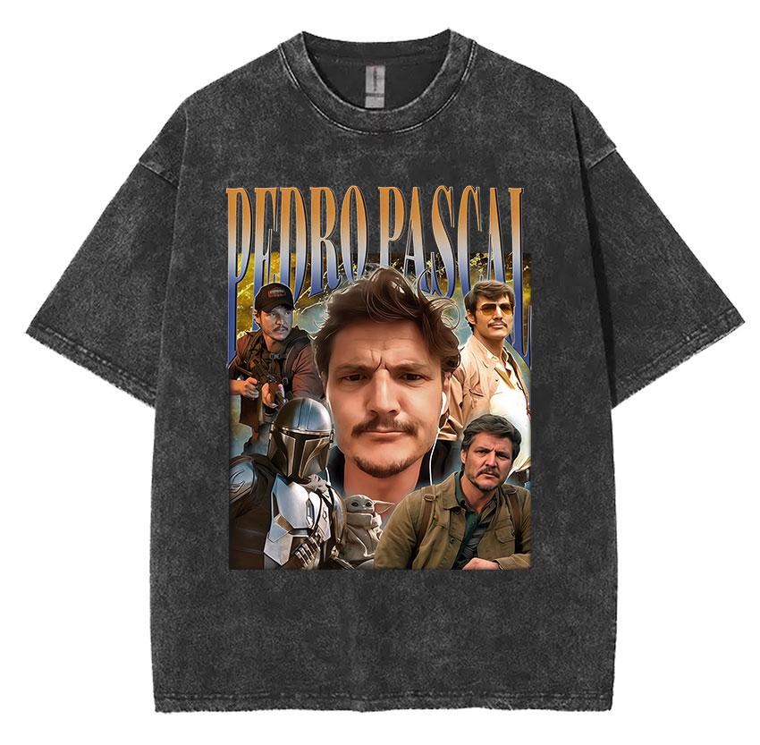 Limited Pedro Pascal Actor Washed Vintage T Shirt Men Women Casual Oversized Tshirt Fashion High Quality Cotton Tees Streetwear