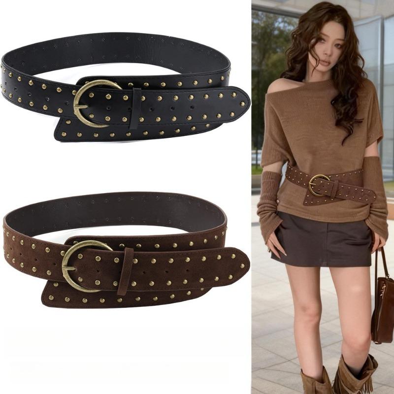 Women European American Punk Retro Heavy Industry Wide Belt Metal Rivet Personalized Belt Fashion Trend Suede Waist Belt