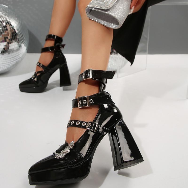New Vintage Pointed Toe Shallow Rivet Belt Buckle Platform Mary Jane Single Plus Size Block Heel Ultra Pump