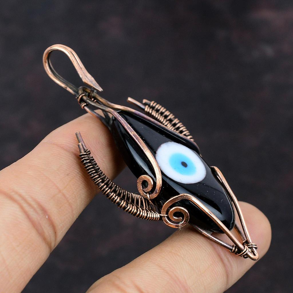 Black Color Evil Eye Pendant Copper Wire Wrapped Pendant Handmade Jewelry Bull Face Shape Pendant Copper Jewelry Gemstone Pendant For Gift