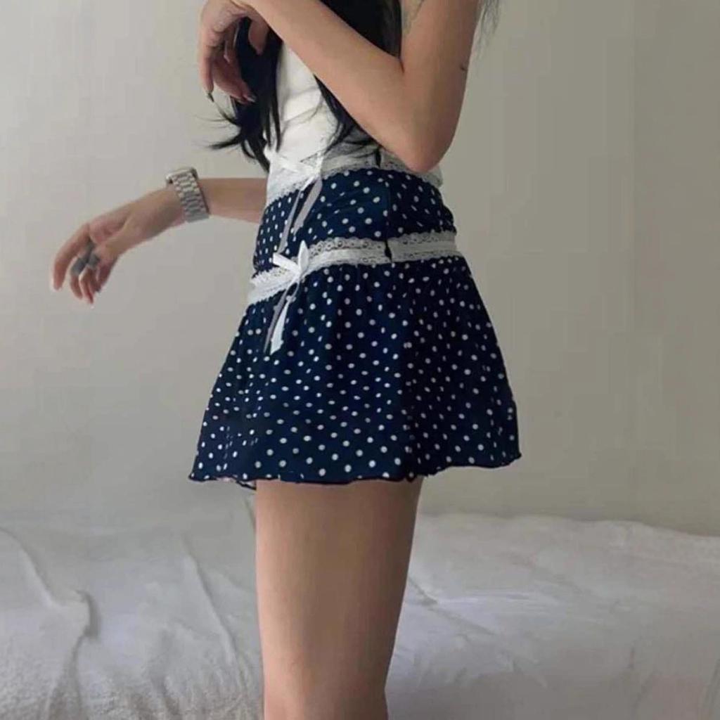 Retro Polka Dot Bow Lace Trim A-line Skirt - Summer Slimming Style