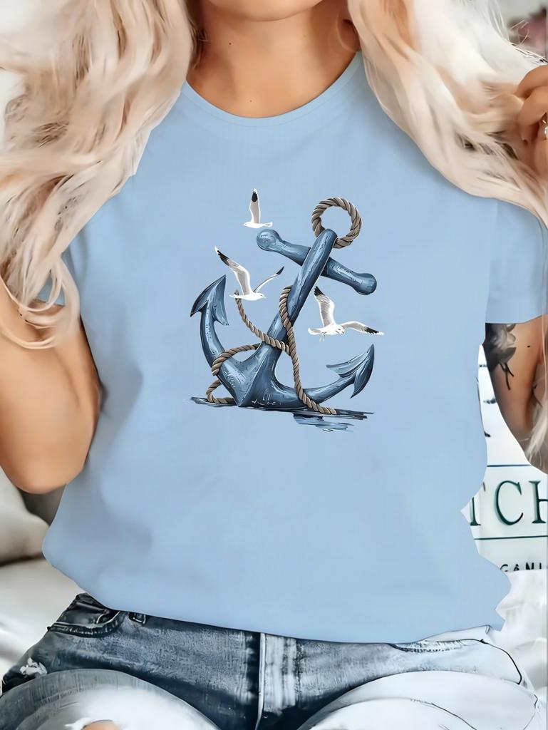 Elegant Women Summer Casual Short-Sleeved Tops Seaside Anchor Graphic Print Daily Outdoor Wear Round Neck Tees Women's Clothing