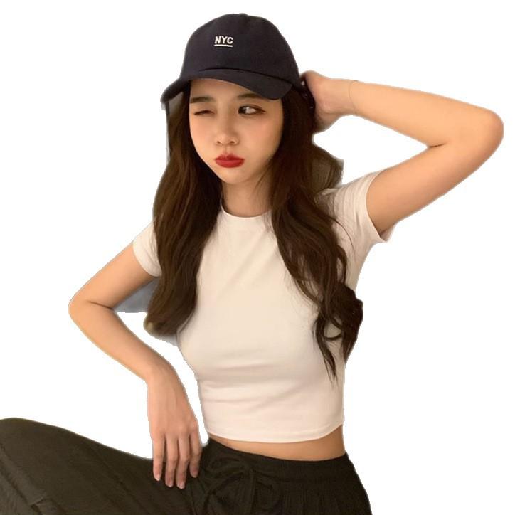Black Sweet Spice Girl American Front Shoulder Crew Neck Short Sleeve T-Shirt Women's Summer New Slim-Fit Button Top