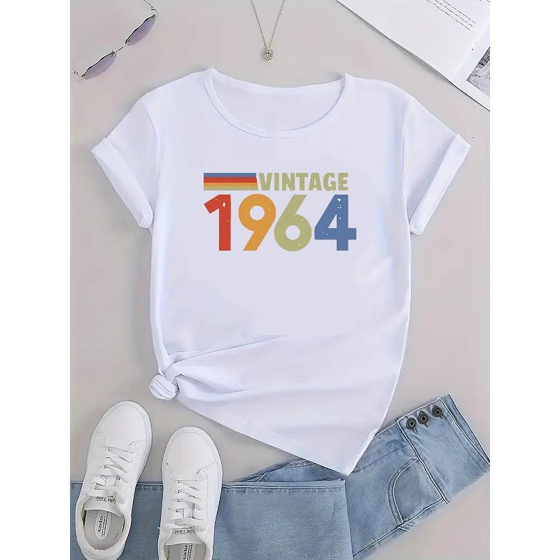 European sizes Vintage Chic Tee for Women - Casual Athletic T-Shirt - Round Neck, Machine Washable, All-Season, 1964 Letter Print Polyester