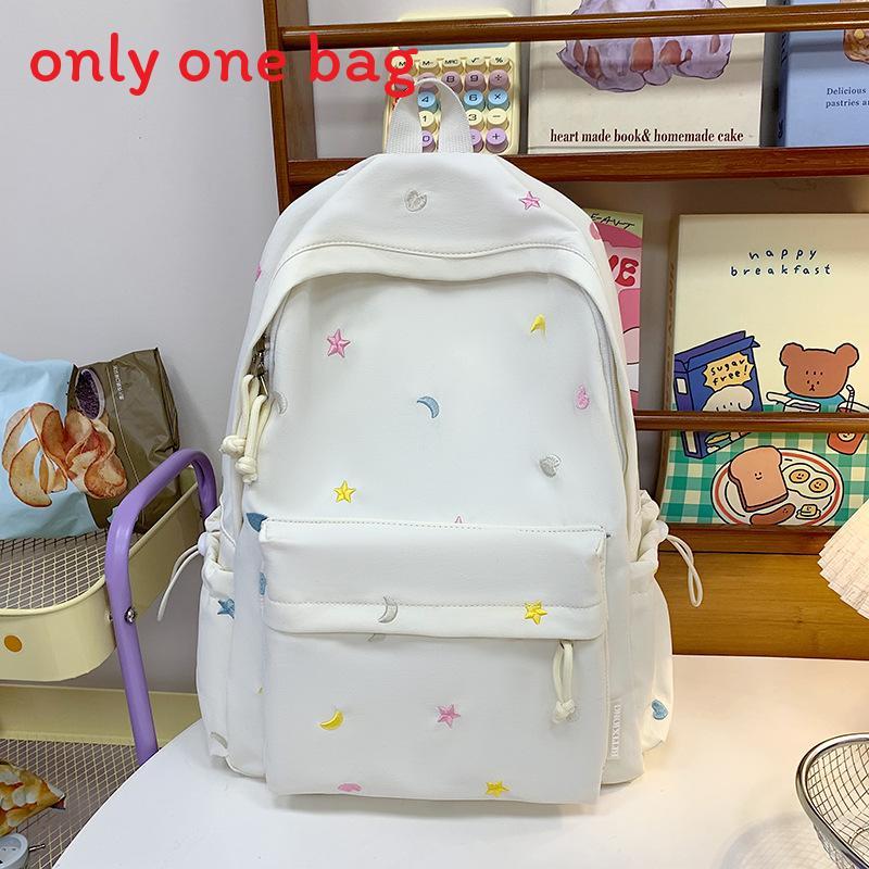 Waterresistant Student Backpack With Star And Moon Embroidery Design For Casual Travel And School
