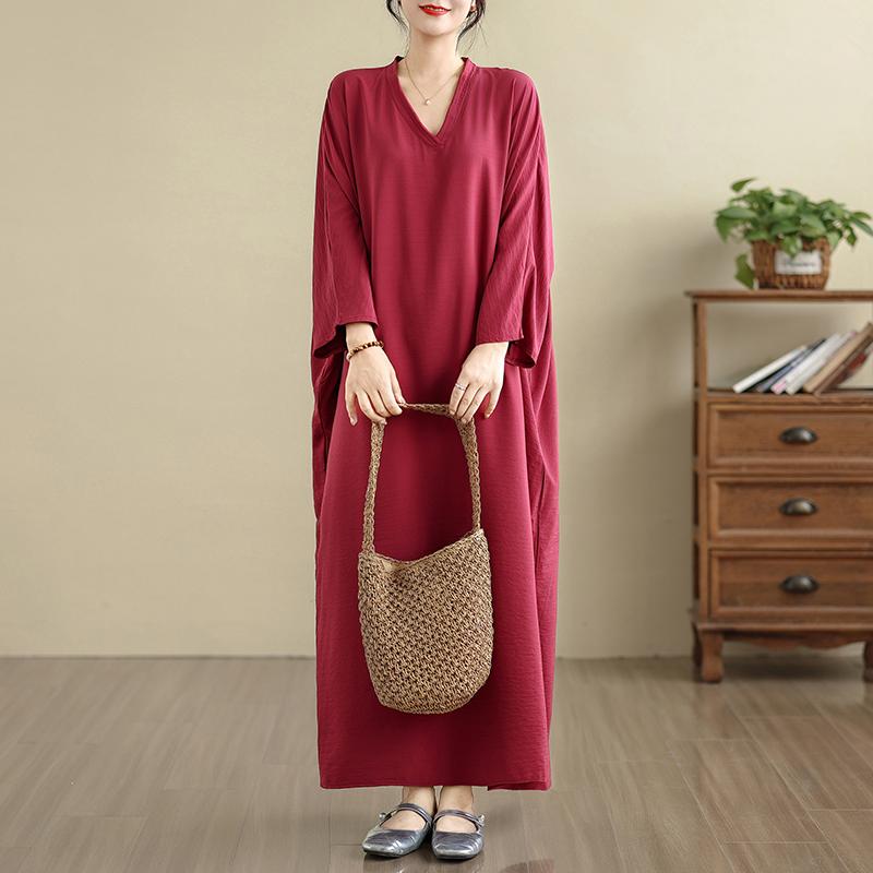 DIMANAF 2025 Women Plus Size Spring Long Dress Loose V-Neck Printing Vintage Casual Floral 5052