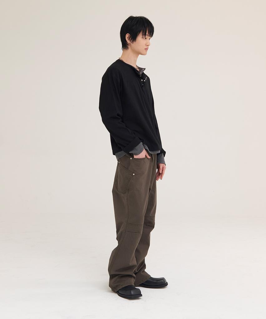 Akesi Contra Layered Henley Neck Long Sleeve_Black And Charcoal