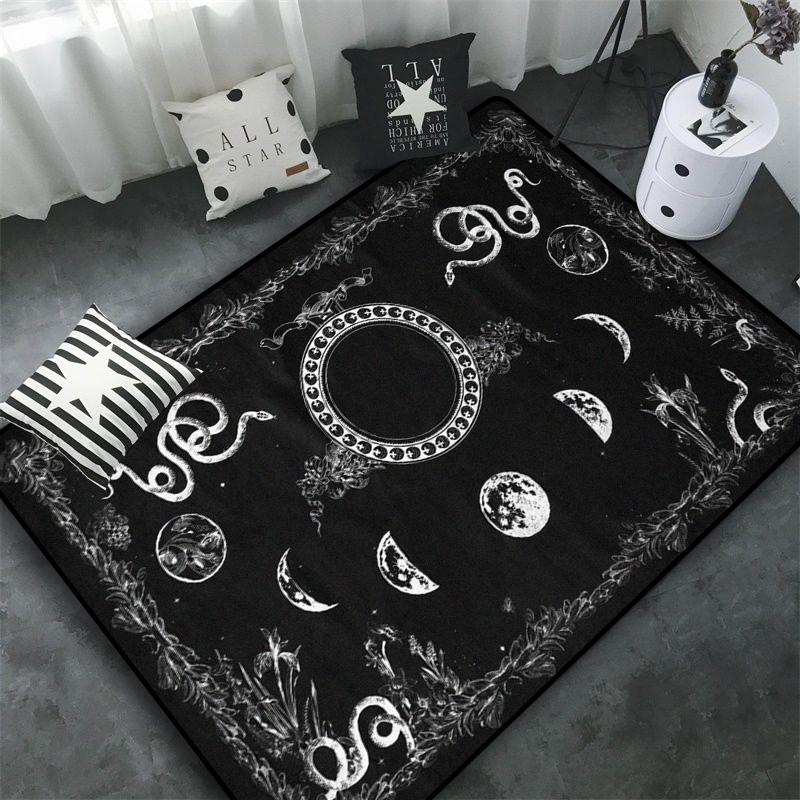 Triple Moon and Pentagram Altar or Tarot Witchy Floor Mat Black Witch Rug Gothic Decor Phases Divination Runic Carpet