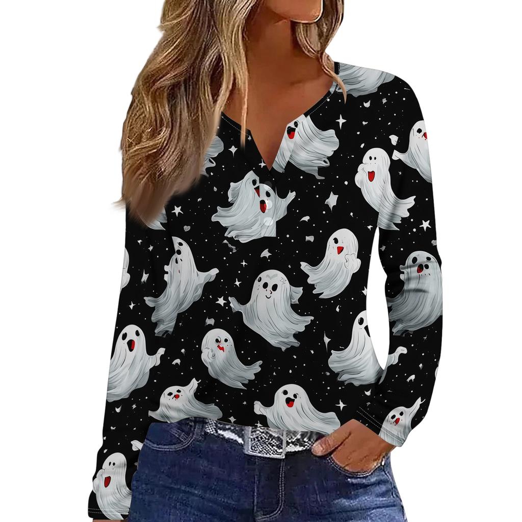 Women's Casual Long Sleeve T-Shirt with Halloween Print V-Neck Button for Parties
