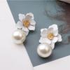 Yutsai Korean Flower Painting Earrings Imitation Pearls Alloy Stud Earrings Elegant Fashion Jewelry OG071