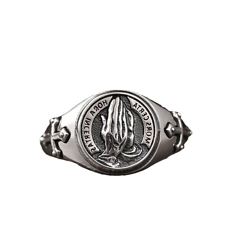 Men's Retro Thai Silver Prayer Hand Adjustable Ring