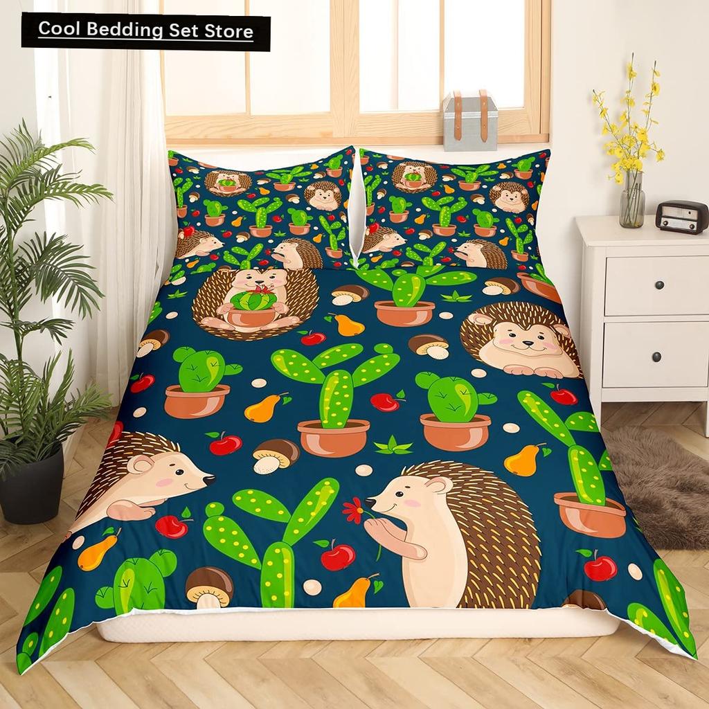 Cartoon Hedgehog King Queen Duvet Cover Rainbow Iridescent Bedding Set For Kids Girls Boys Starry Sky Animal 2/3Pcs Quilt Cover