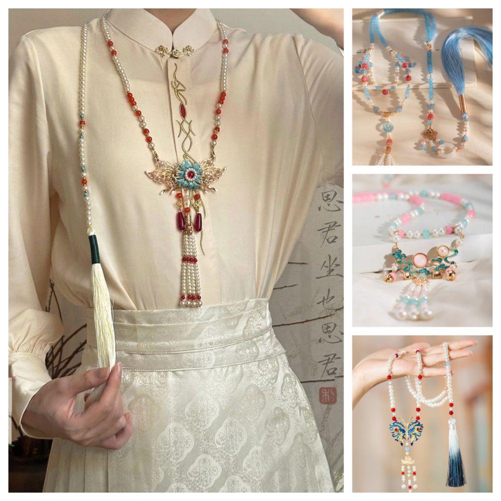 

Ethnic Style Pearl Beadeds Necklace Exquisite Butterfly Pendant Necklace Hanfu Style A