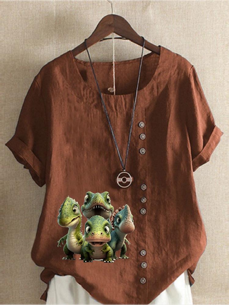 Women's Fashion Dinosaur Print Round Neck Short Sleeve T-shirt Casual Cotton Linen Graphic Shirt Leisure Loose Summer Blouse Tops
