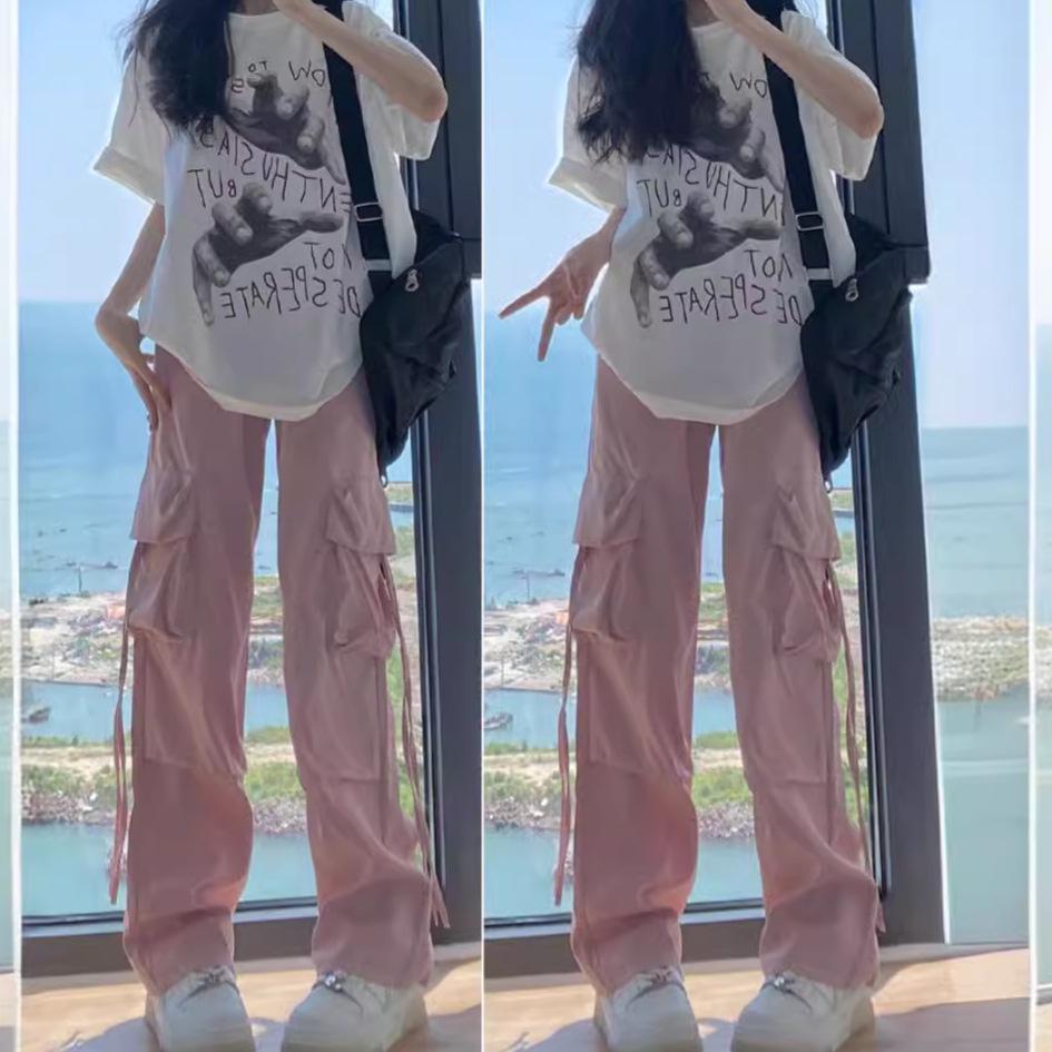 Women's Pink High-Waist Parachute Overalls - Quick-Drying, Wide-Leg, Casual American Sports Pants for Spring, Summer, and Autumn