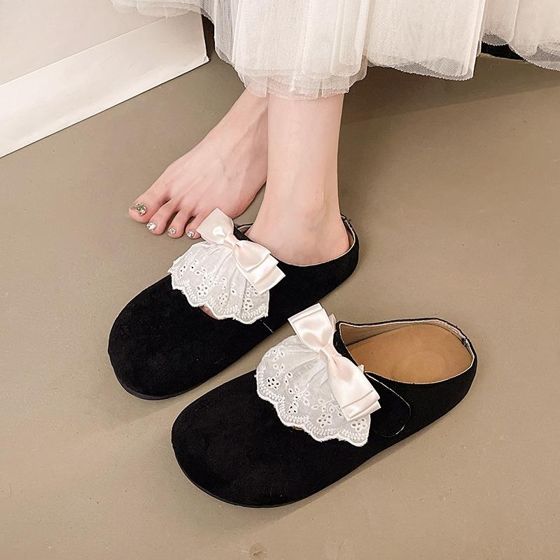 Modische Schleifen-Baotou-Slipper Herbst Neu Runde Zehenpartie Tiefer Ausschnitt Rutschfest Verschleißfest Flacher Boden Halber Mow