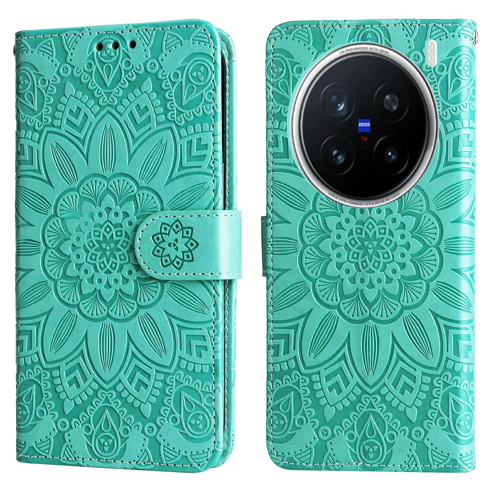 

For vivo X200 Pro 5G Case Sunflower Imprint Leather Wallet Phone Cover Green